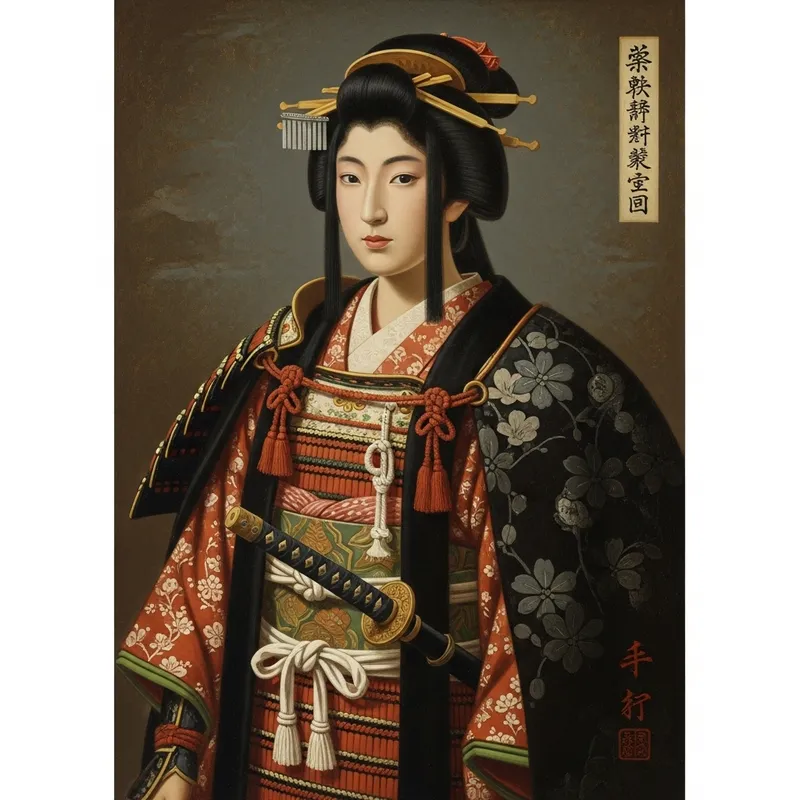 Female Samurai in Kimono and Cloak: Traditional Japanese Painting