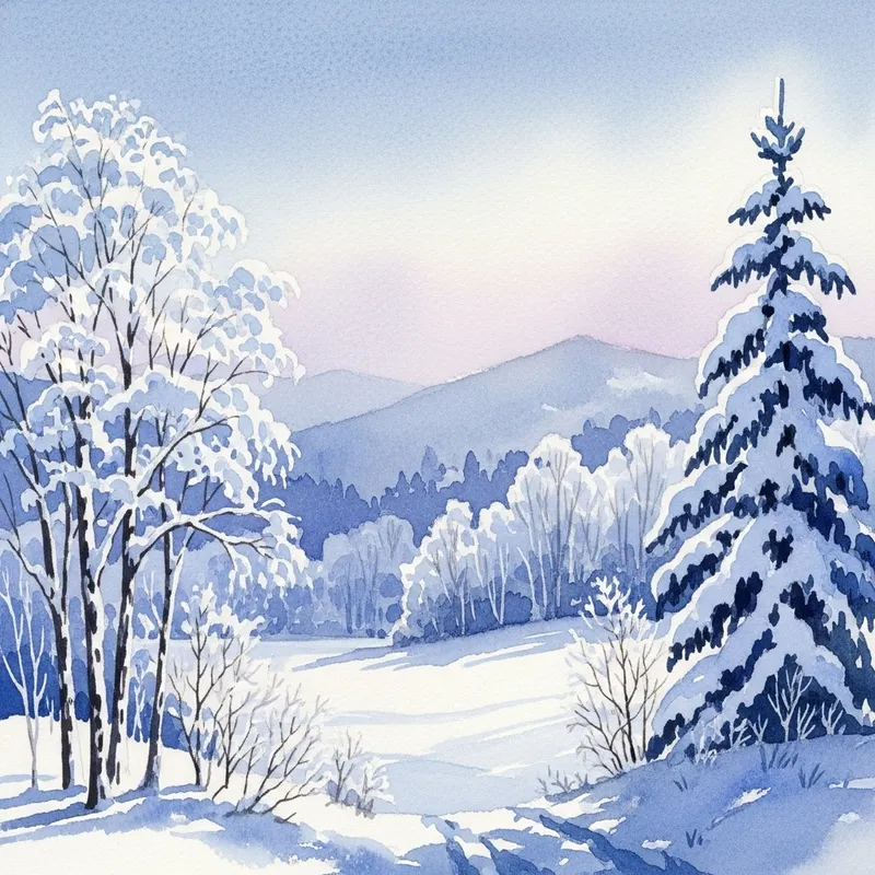 Serene Winter Morning Watercolor Landscape - Nature Inspired Art