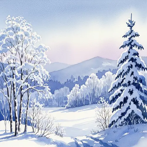Tranquil Winter Morning Landscape Watercolor Painting