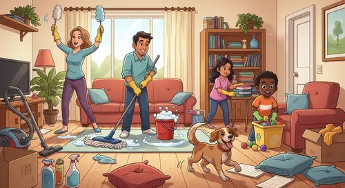 Cartoon Spring Cleaning Scene with Family and Dog