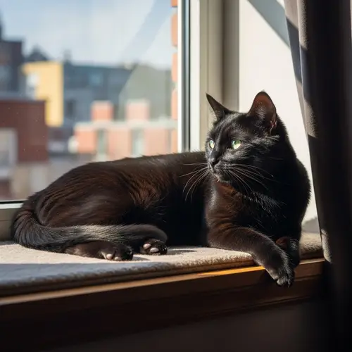 Regal Domestic Cat Named Whiskers Bathed in Sunlight on Plush Window Sill