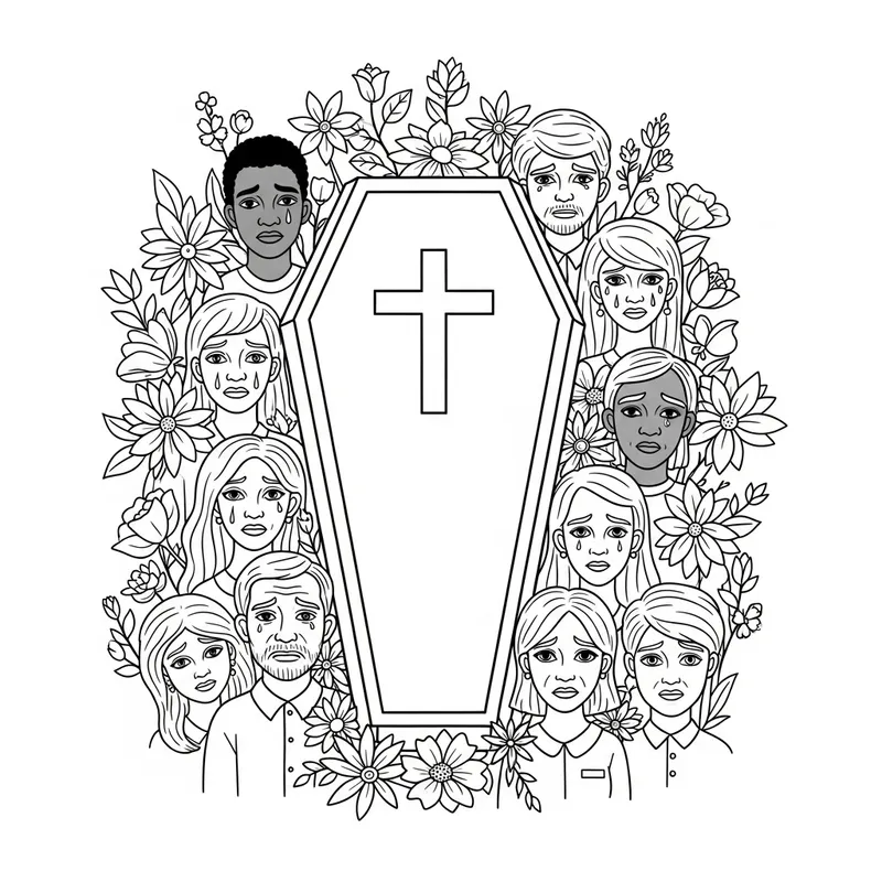 Whimsical Coffin Coloring Page with Sad Characters and Flowers Whimsical Coffin Coloring Page with Sad Characters and Flowers