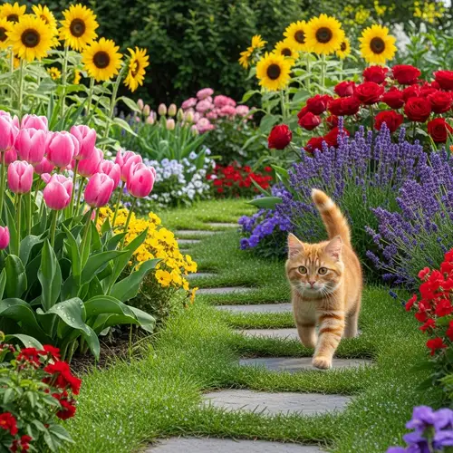 Vibrant Outdoor Garden Scene with Playful Cat Running