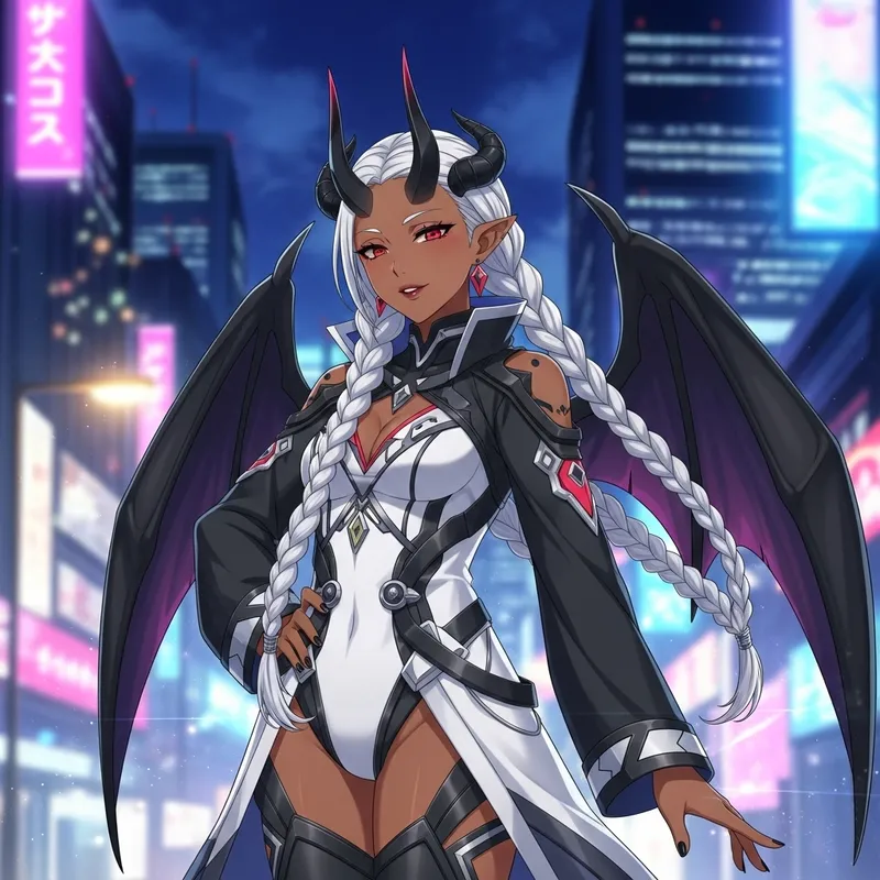 Anime Character with Brown Skin, White Hair, Black Horns & Bat Wings