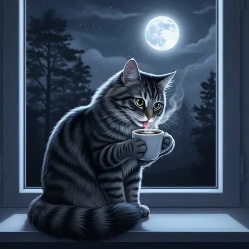 Cat Drinking Coffee Under Moonlight