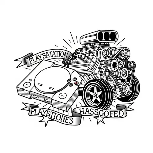 Playstation One Console fused with V8 Engine in Tattoo Art Style