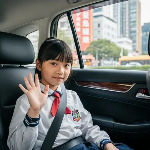 Young Asian Girl in Car Waving