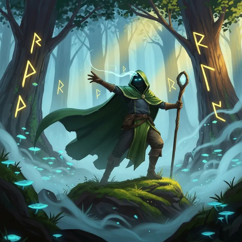 Dynamic Digital Painting of Mysterious Figure in Misty Forest