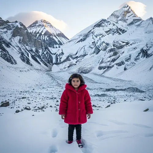 Young South Asian Girl in Furry Coat Amidst Snowy Mountains