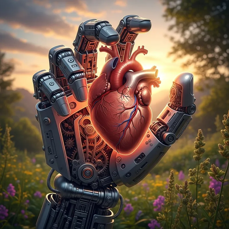 Intricately Designed Mechanical Hand Holding Realistic Human Heart