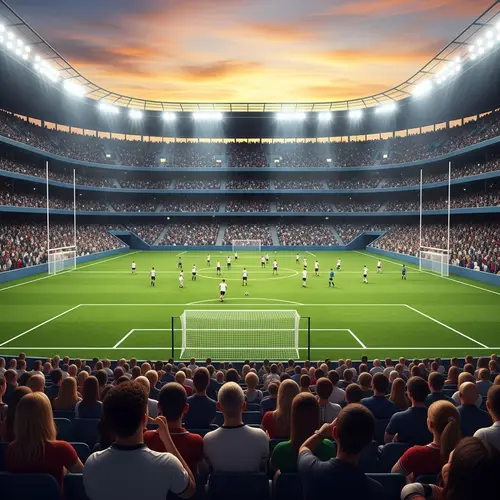 Vibrant Football Stadium Scene - Spectators, Match, and Sunset