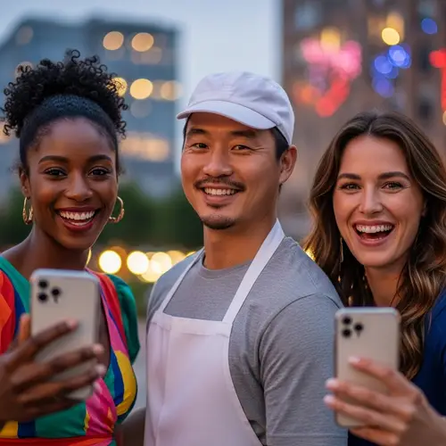 Smiling Grocer with Two Women | Festive Cityscape Background