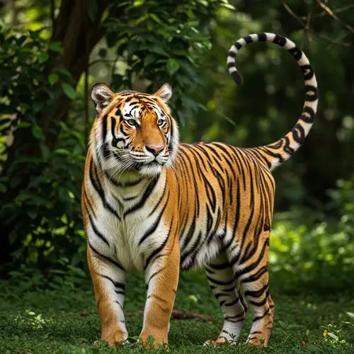 Majestic Tiger with Long Tail in Lush Jungle - Wildlife Encounter