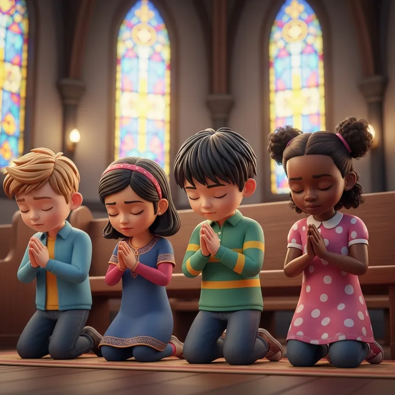 Diverse Children Praying in 3D Art Style