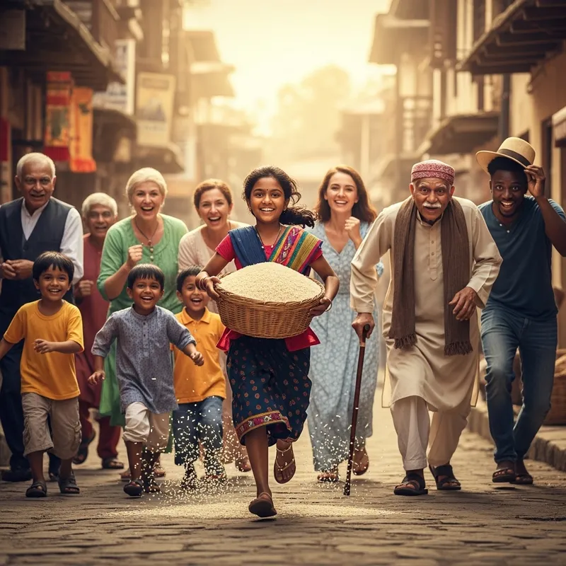 Charming Scene: Little Girl Fleeing with Basket of Rice
