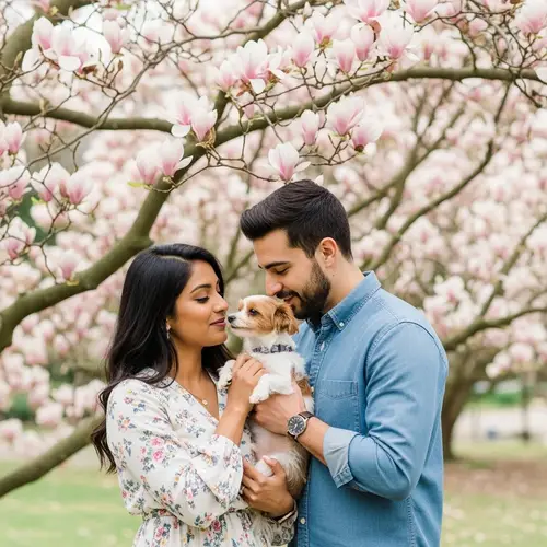 Tender Moment in Magnolia Garden: South Asian Woman, Hispanic Man, and Dog