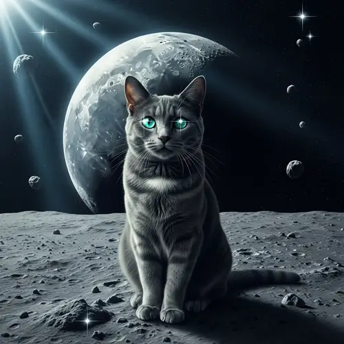 Charcoal Grey Cat Sitting on Moon | Celestial Lunar Landscape