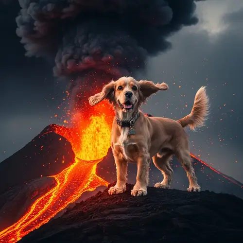 Cocker Spaniel Dog on Erupting Volcano