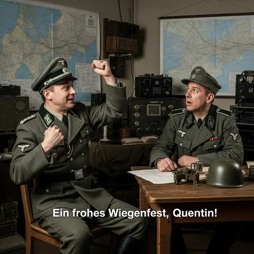 German Officer Wishing Joyful Birthday to Comrade Quentin