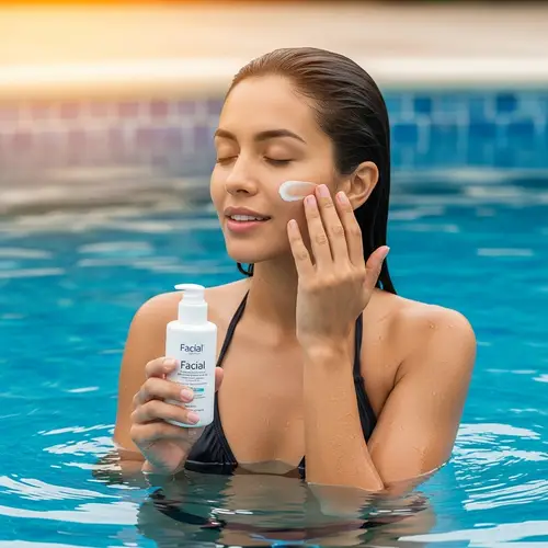 Blissful Hispanic Woman Applying Facial Moisturizing Cream in Swimming Pool