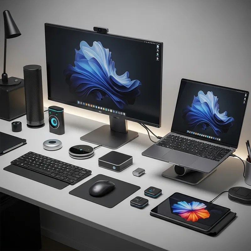 Modern Digital Desk with Sleek Technology and Gadgets