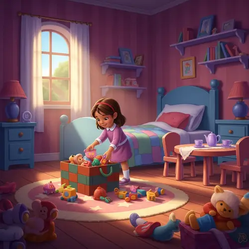 Hispanic Little Girl Organizing Toys in Colorful Room | Pixar Style