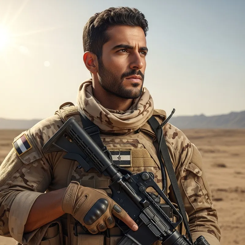 Middle-Eastern Soldier in Modern Combat Attire - Resolute Warrior in Desert