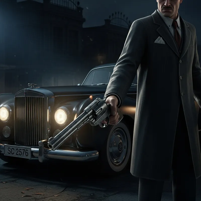 Vintage Mafia Mobster Near Luxury Car with Polished Revolver