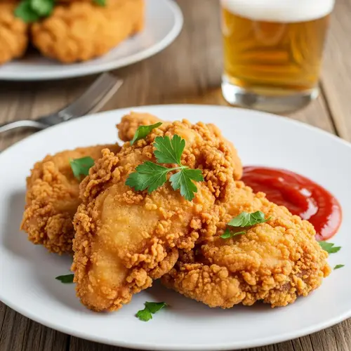 Crispy Golden Brown Chicken Fry with Fresh Parsley and Tangy Sauce