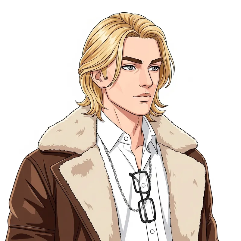 Blonde Man with Long Hair, Grey Eyes, and Rectangular Glasses in White Shirt and Brown Jacket with Fur