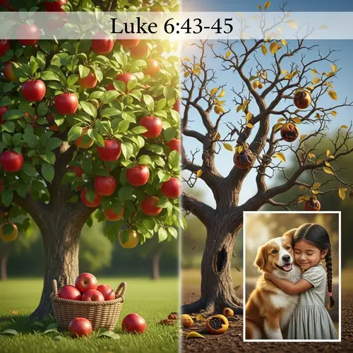 Luke 6:43-45 Bible Verse Image | Girl Hugging Dog