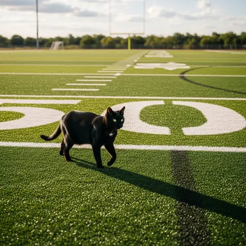 Black Cat on Football Field: Playful Feline in Action