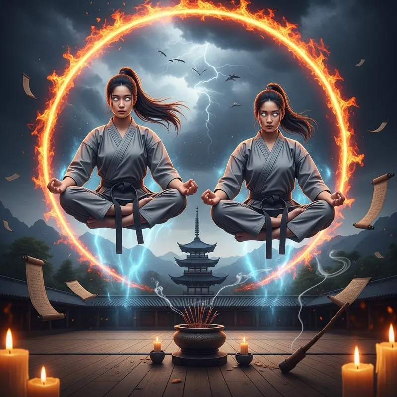 Empowering Korean-American Women Levitating in Mystical Martial Arts Dojo