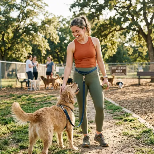 Joyful Dog Park Moments: Active Woman & Pet Fun