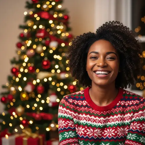 Cheerful African American Woman in Cozy Christmas Sweater