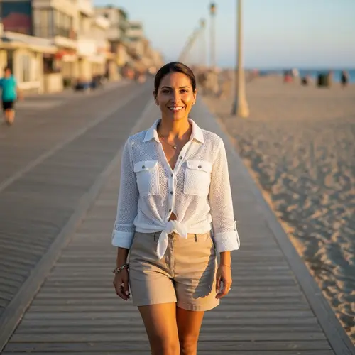 Confident Hispanic Woman Radiating Positivity on Boardwalk