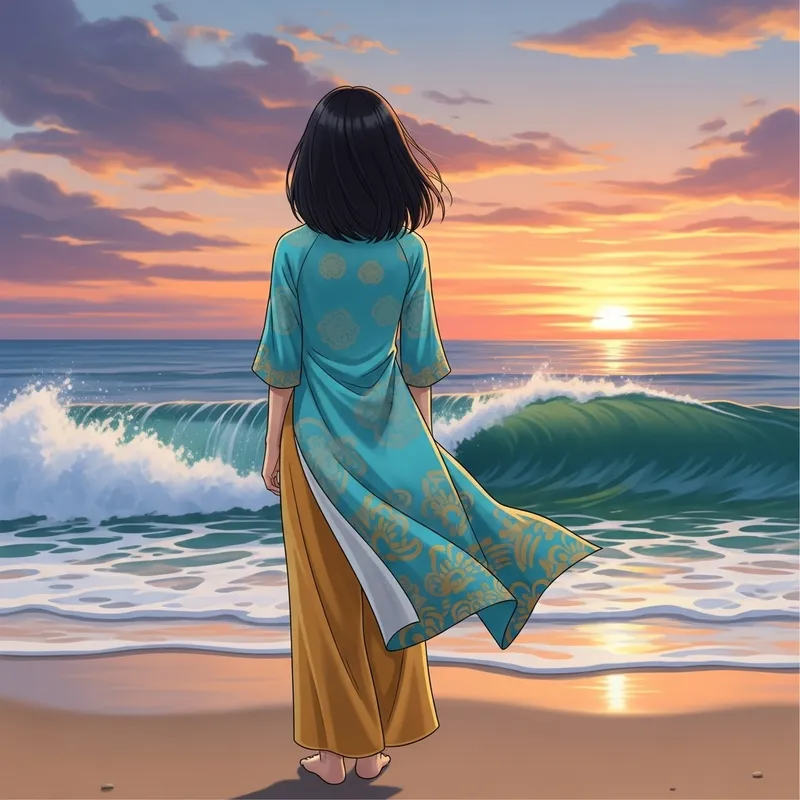 Graceful Vietnamese Girl Witnessing Sunset on Beach in Stunning Ao Dai Dress