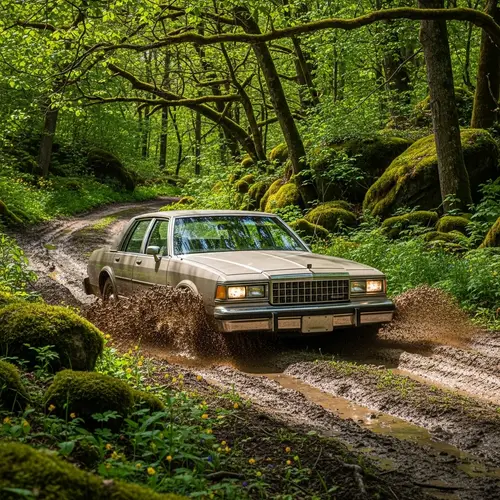 1980s Dark Beige American Sedan Off-Roading Adventure in Forest