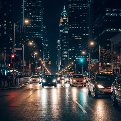 Vibrant Urban Traffic Scene with Cars and Pedestrians
