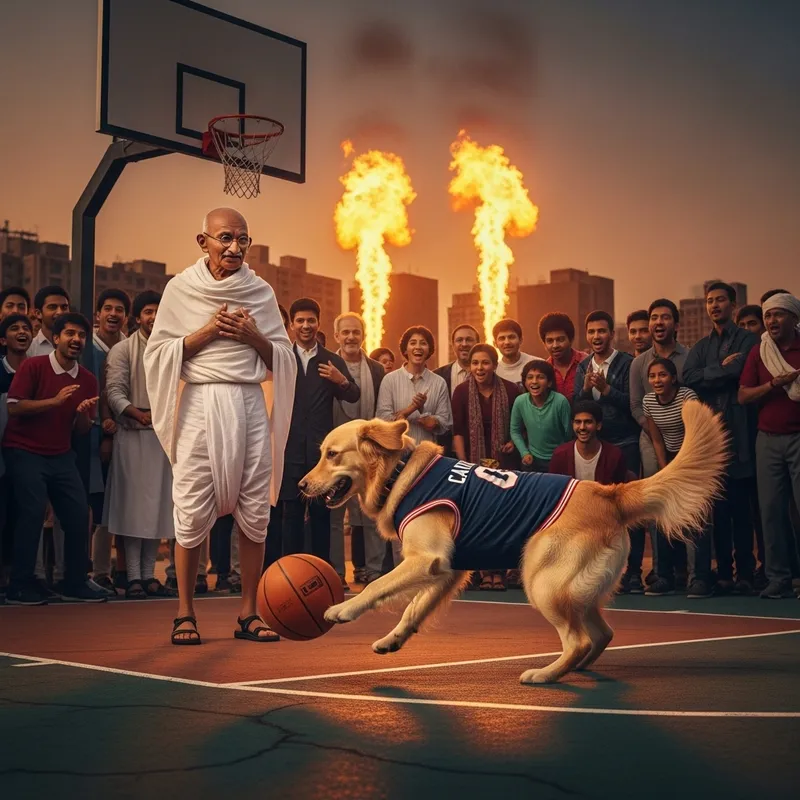 Dog Spinning Basketball with Jesus - Fiery Game Scene