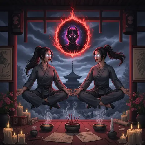 Levitating American Korean Women in Martial Arts Meditation