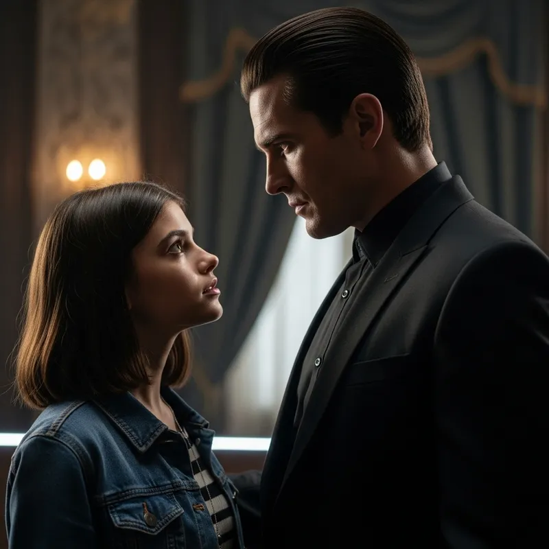 Stylish Aro Volturi Lookalike in Black Suit with Modern Dark-Haired Girl Stylish Aro Volturi Lookalike in Black Suit with Modern Dark-Haired Girl