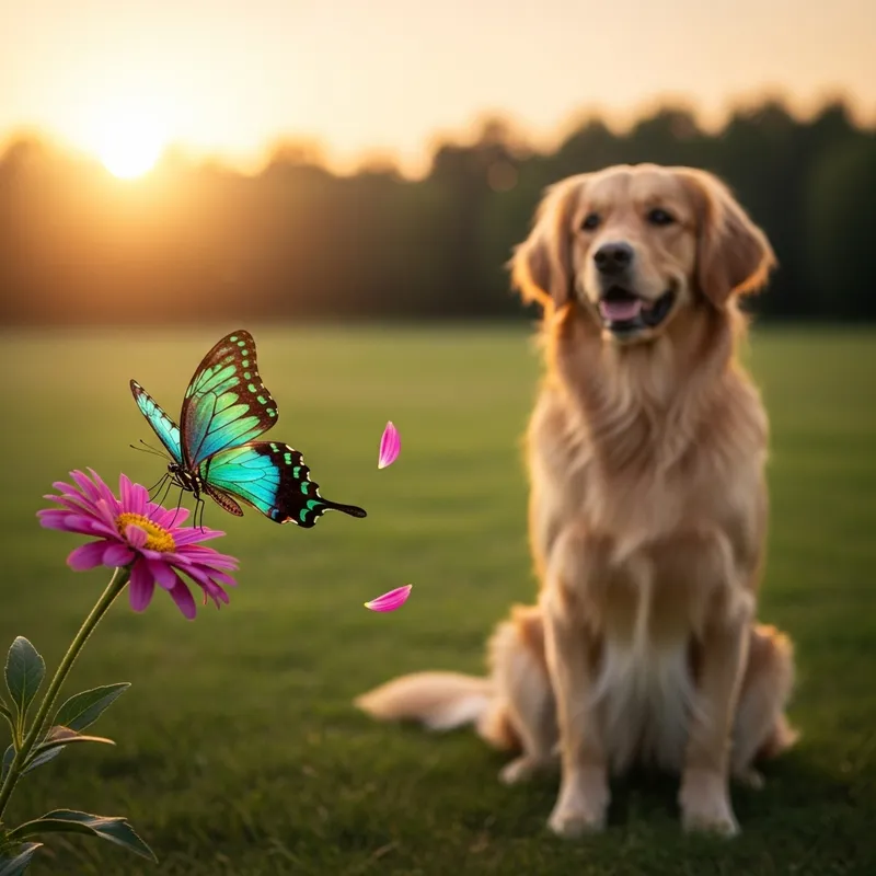 Tranquil Butterfly and Friendly Golden Retriever Encounter