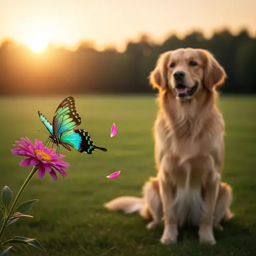 Enchanting Butterfly and Golden Retriever Scene