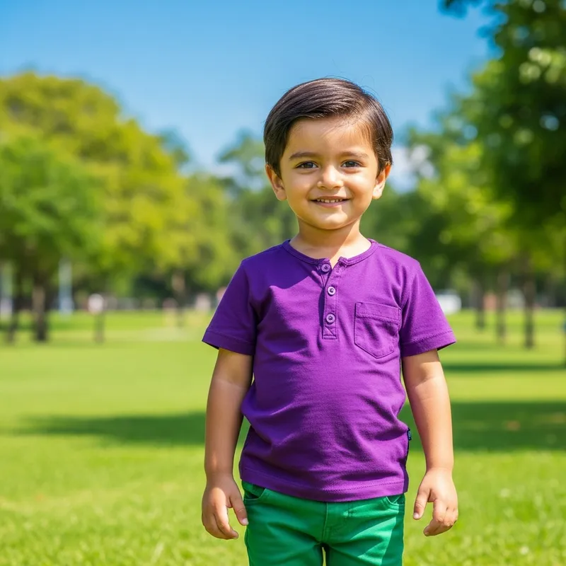 Handsome South Asian Boy in Purple Shirt and Green Pants