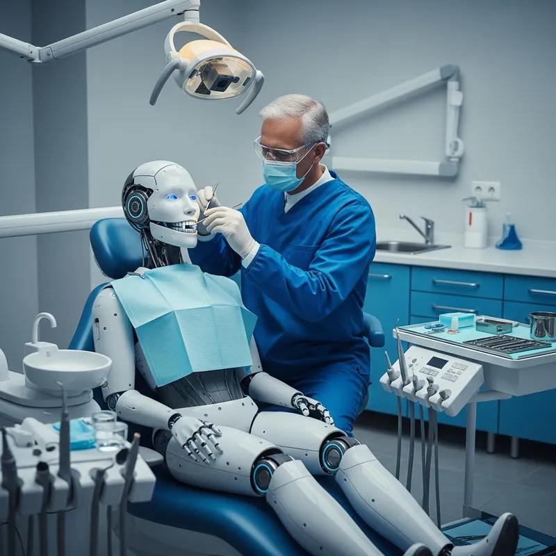 Male Dentist Perfecting Robot's Metallic Teeth | Futuristic Scene