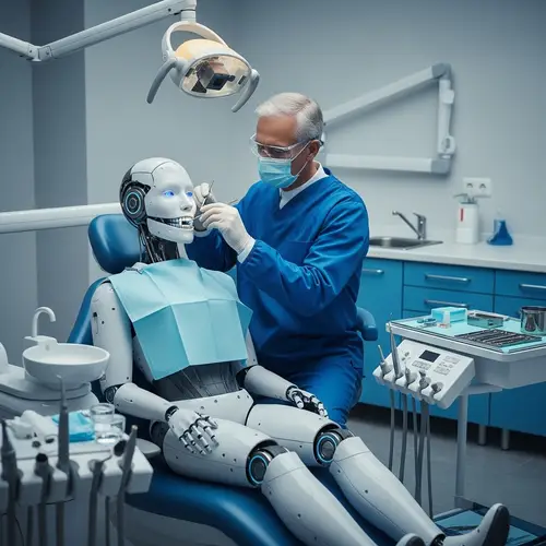 Experienced Dentist Fixing Robot Teeth | Futuristic Scene