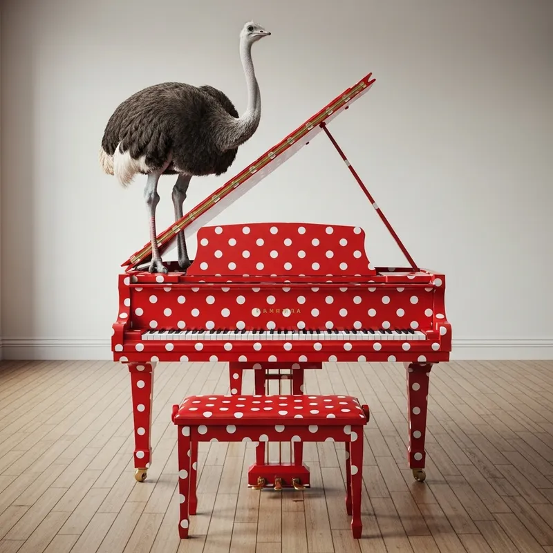 Red Polka Dot Grand Piano with Ostrich - Unique Encounter