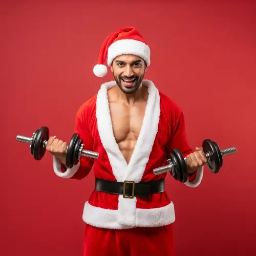Muscular Middle-Eastern Santa Athlete with Dumbbells