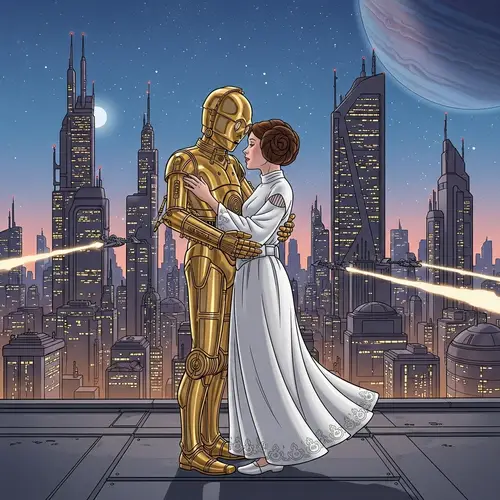 Star Wars Robot and Human Woman Romantic Embrace Illustration